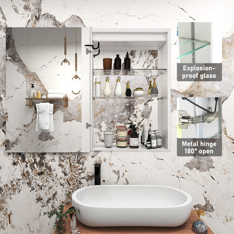 Recessed or Surface Mount Frameless Medicine Cabinet W/ LED Light & 2 Mirrors, Left Door