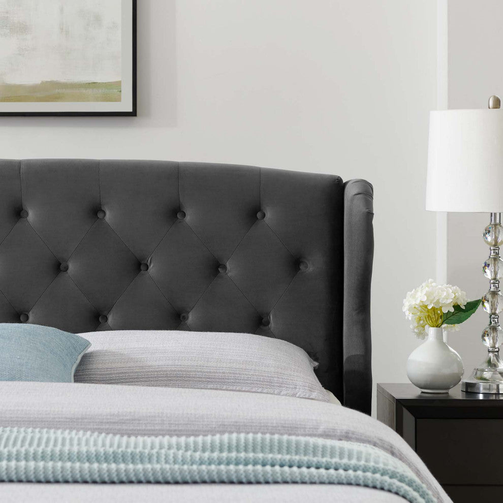 Platform Bed Frame, Queen Size, Velvet, Dark Gray, Modern Contemporary
