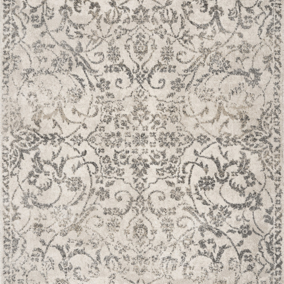 8' X 10' Ivory and Gray Floral Vines Distressed Area Rug