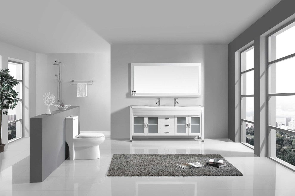 Virtu Ava 71" Double Bathroom Vanity, White With White Top, Faucet and Mirror