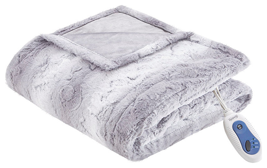 Beautyrest Zuri Oversized Faux Fur Heated Throw, Grey