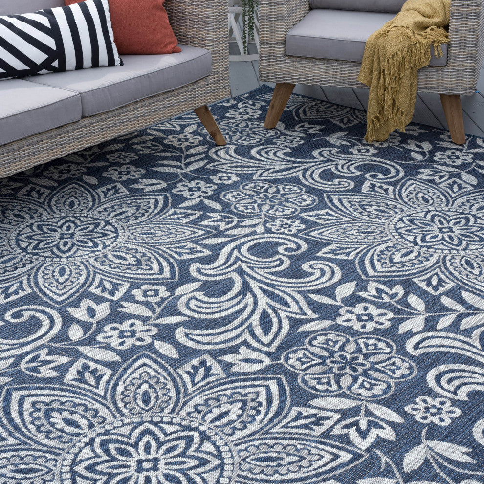 Savine Transitional Floral Navy Light Gray Indoor/Outdoor Rectangle Area Rug 5x8