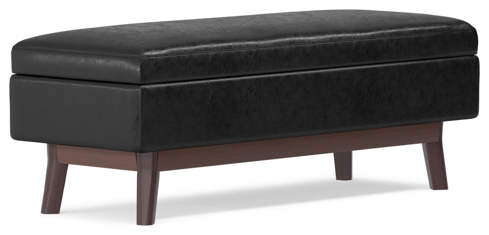 Owen Rectangular Storage Ottoman, Distressed Black Faux Air Leather