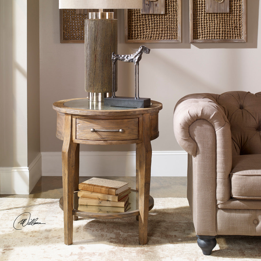Classic Round Light Wood Accent Table | Drawer Mirrored Transitional Elegant