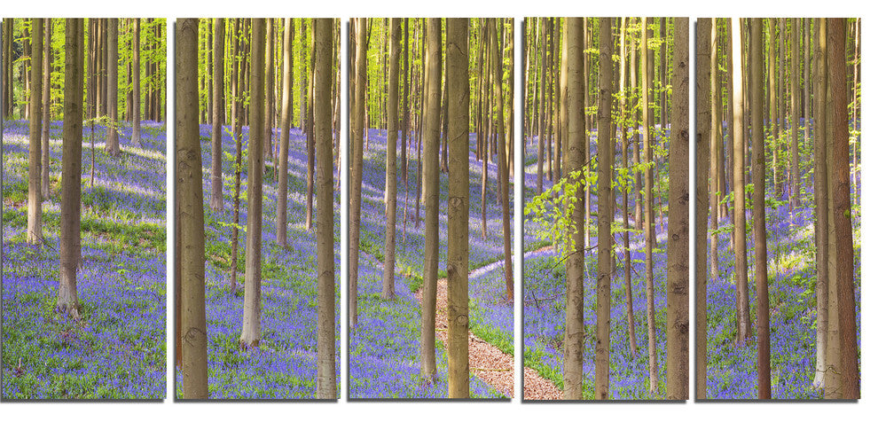 Blooming Bluebell Forest Panorama, Landscape Canvas Art Print, 60"x28", 5 Panels