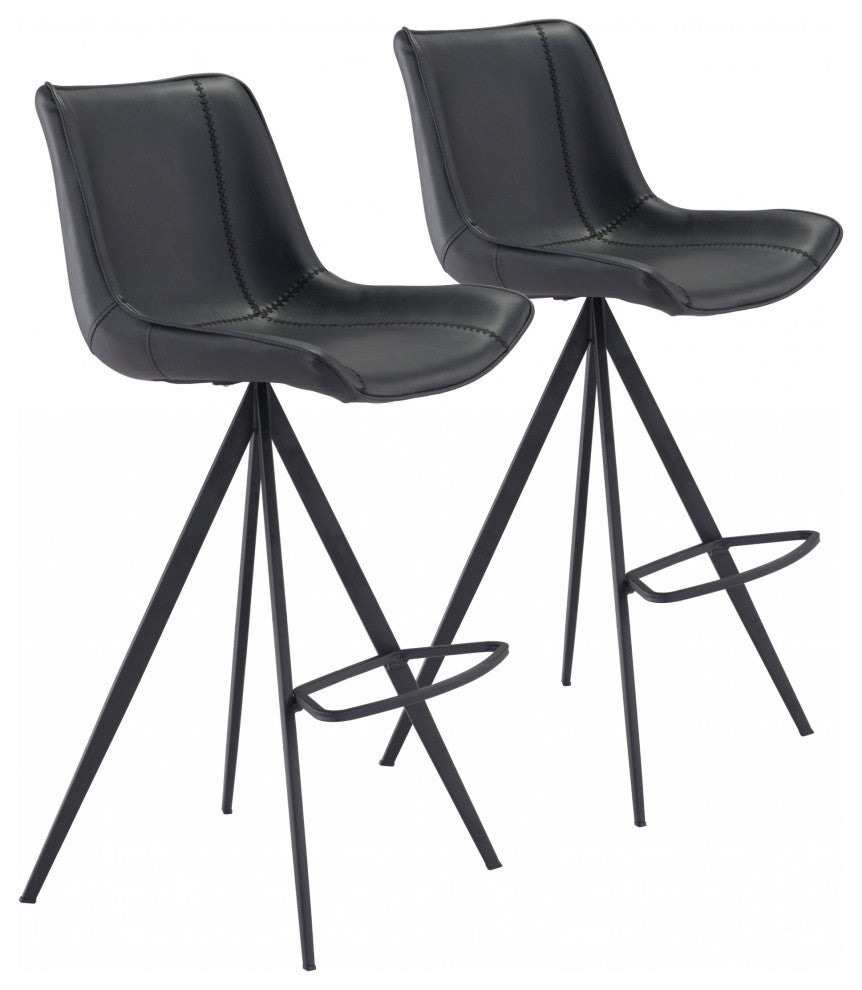 Set of Two Black on Black Faux Leather Triangle Base Bar Chairs
