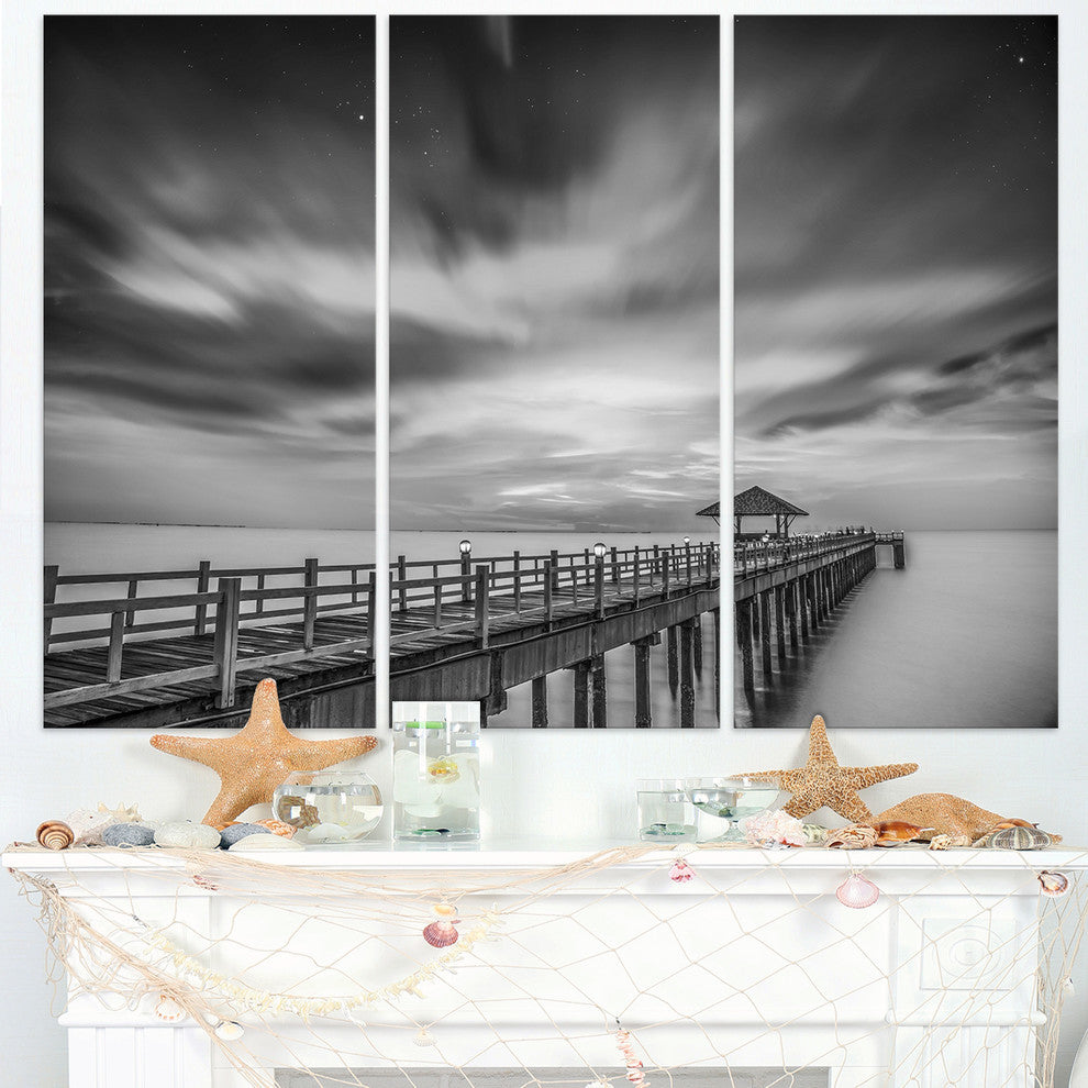 "Black and White Wooden Bridge and Sky" Metal Wall Art, 3 Panels, 36"x28"