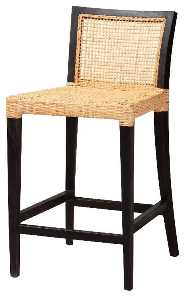Baxton Studio Lingga Dark Brown Mahogany Wood and Natural Rattan Counter Stool
