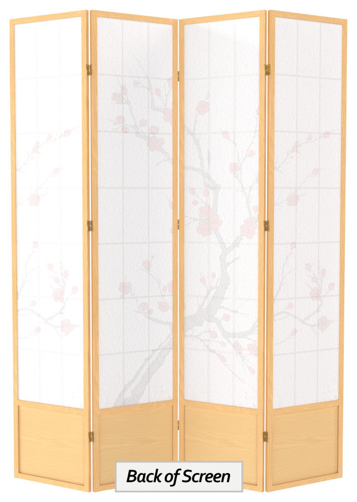 7' Tall Cherry Blossom Shoji Screen, Natural, 4 Panels