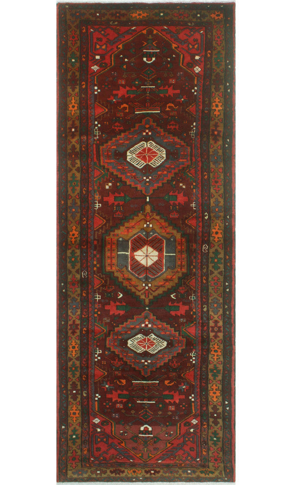 Fine Vintage Distressed Silas Burgundy/Gold Runner, 3'7x10'2