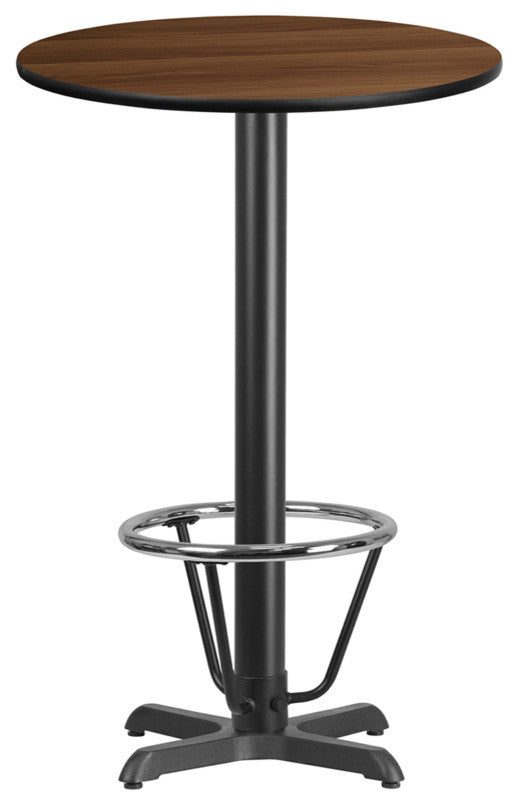 24" Round Laminate Table Top With 22"x22" Bar Ht Base and Foot Ring, Walnut