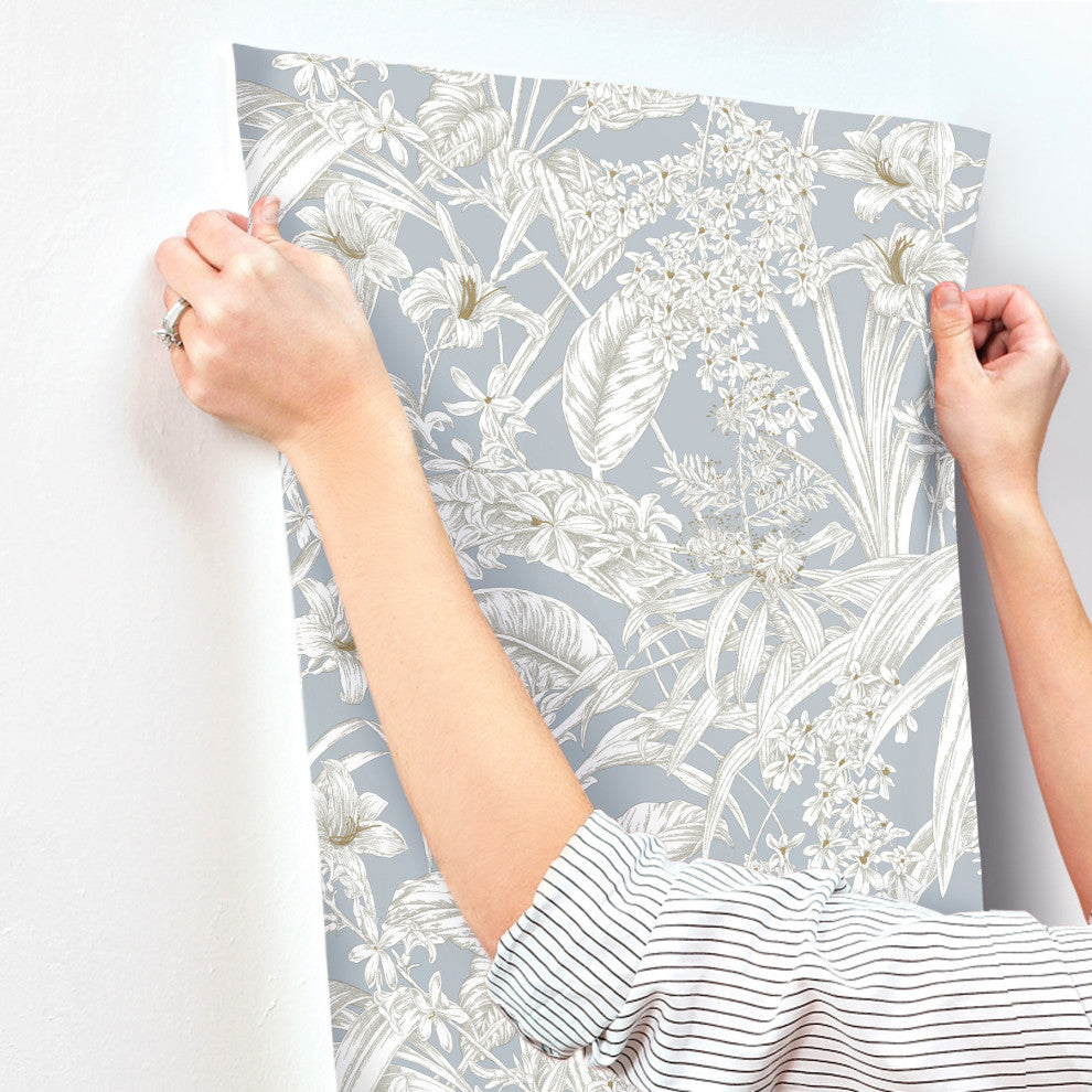 Orchid Conservatory Toile Blue and Taupe Wallpaper