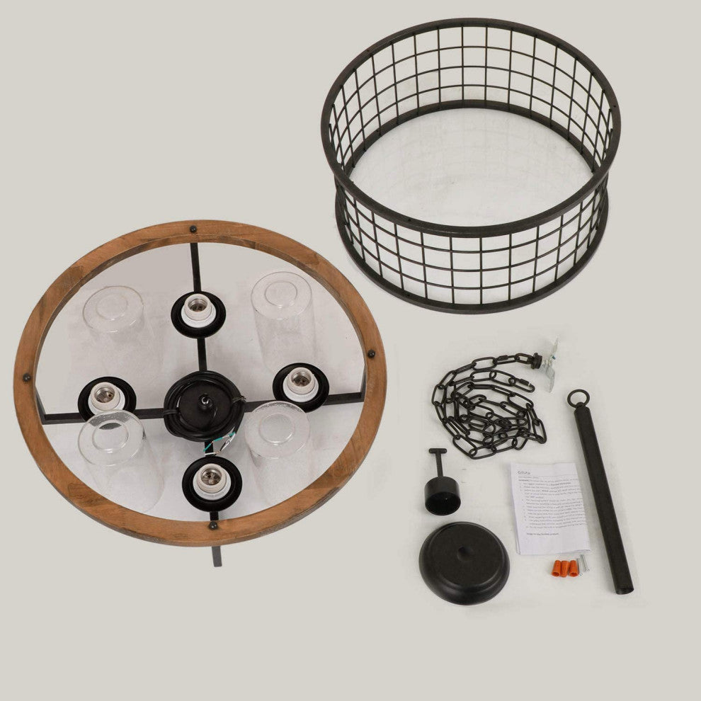4 Light Industrial Chandelier Rust Drum Black Hanging Pendant