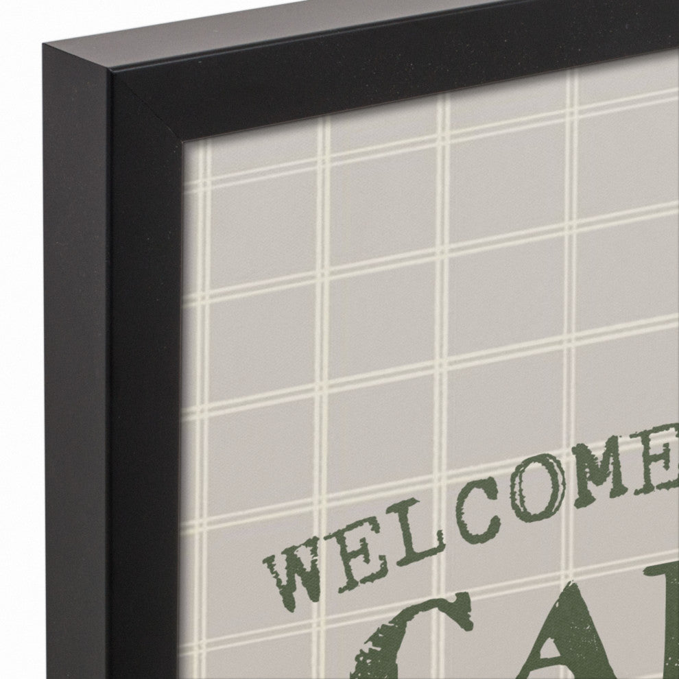 Welcome to our Cabin Gray and White Check 13.73x13.73 Black Framed Canvas