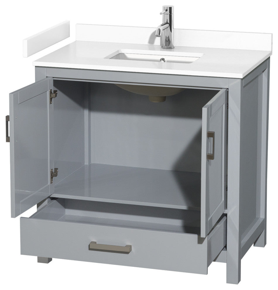 36" Single Bathroom Vanity, Gray, White Cultured Marble Countertop, Sink