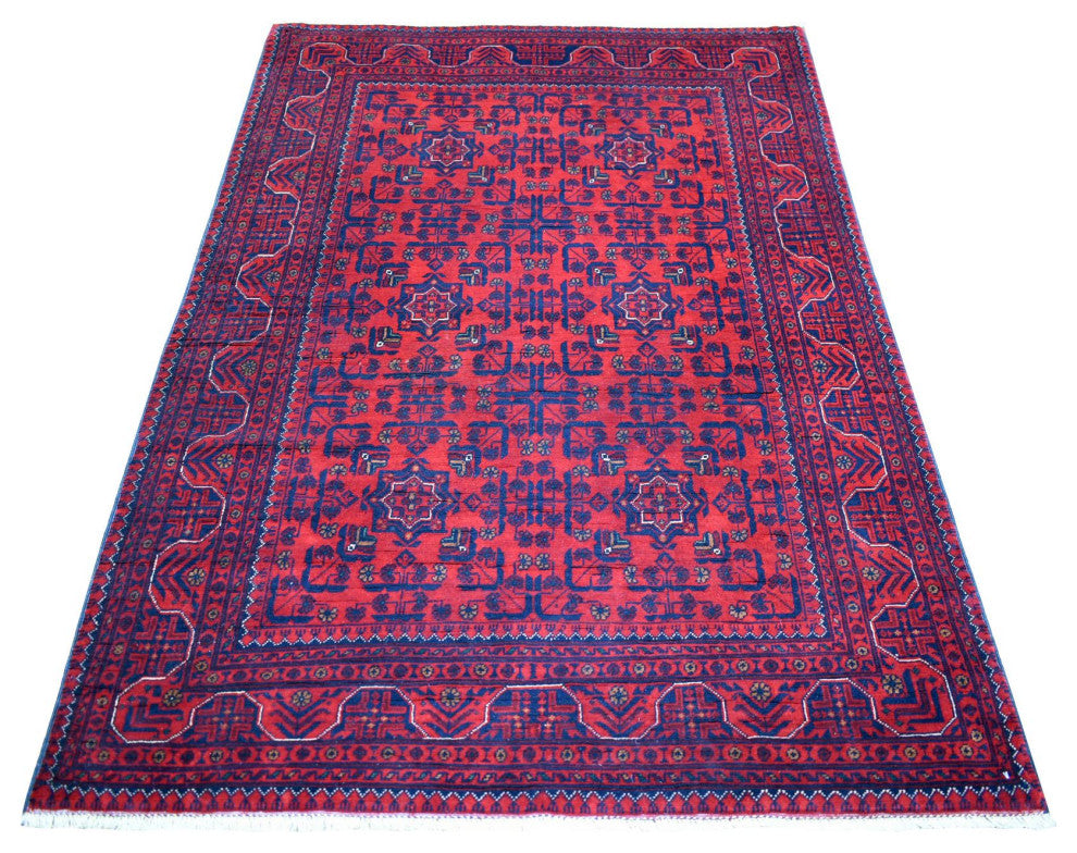 Deep and Saturated Red, Afghan Khamyab Shiny Wool Hand Knotted Rug, 4'4"x6'3"