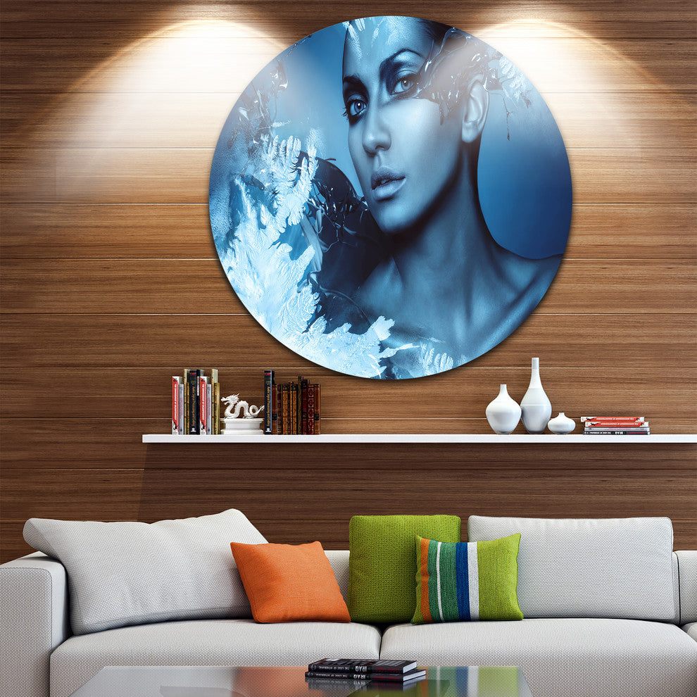 Woman With Snow Splash, Art Portrait Disc Metal Artwork, 23"