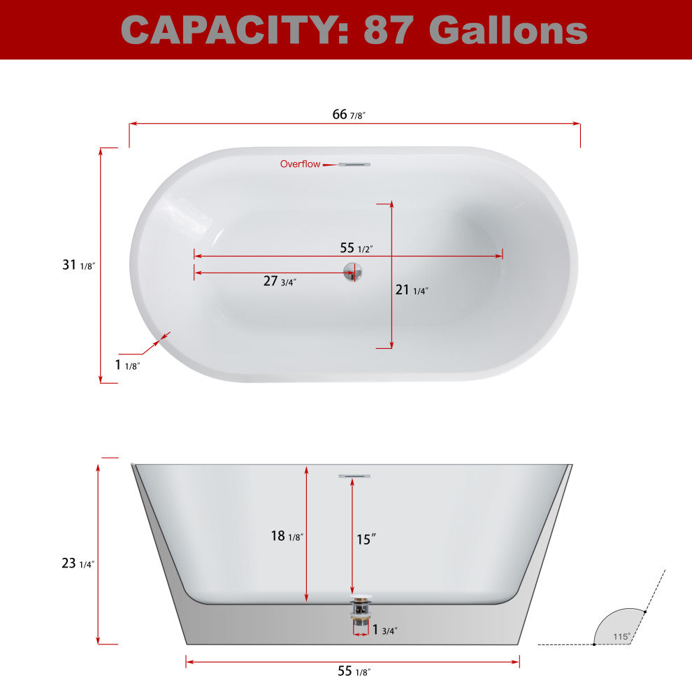 Acrylic Freestanding Bathtub With Chrome-Plated Drain Cover and Overflow Cover, 67"