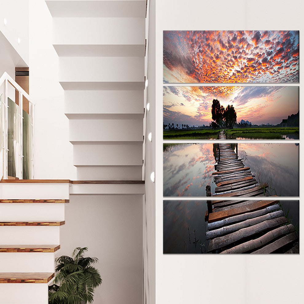 Wooden Bridge under Dramatic Sky, Seashore Canvas Art Print, 28"x48", 4 Panels