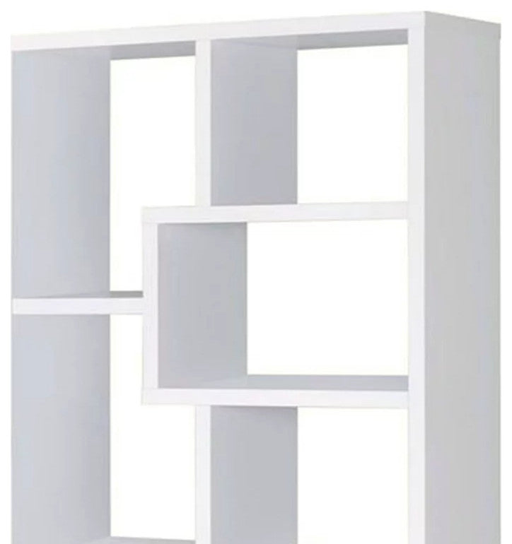 Tall Modern Bookcase, Geometric Design With Open Comparments, White