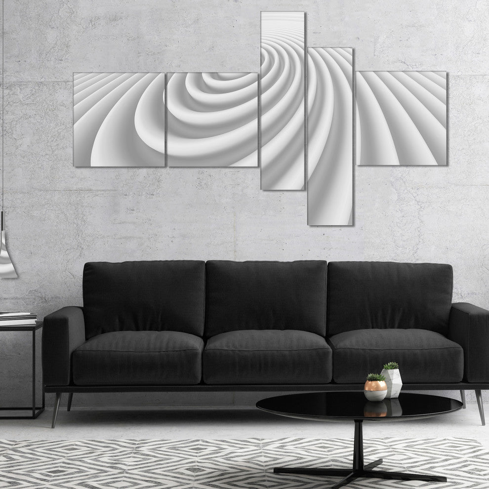 Fractal Rounded White 3D Waves, Abstract Canvas Art Print, 60"x32", 5 panels