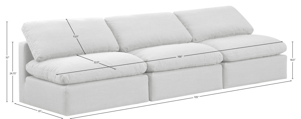 Indulge Upholstered Modular Sofa, White, 3-Piece: 3 Armless Chair, Down Stuffed Linen Textured Fabric