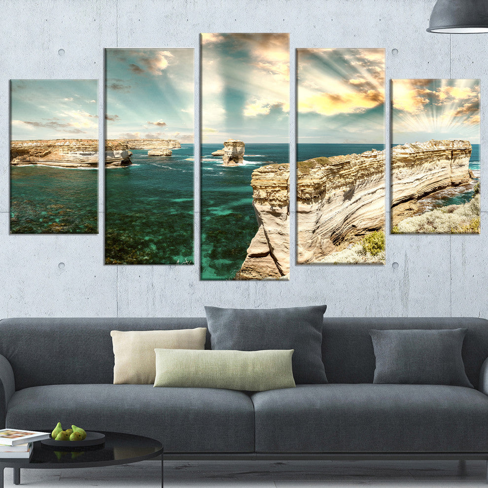 "Rocks At Great Ocean Road Victoria" Seascape Art Canvas, 5 Panels, 60"x32"