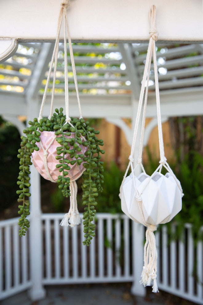 5x5" Ceramic Macrame Hanging Planter, Matte White