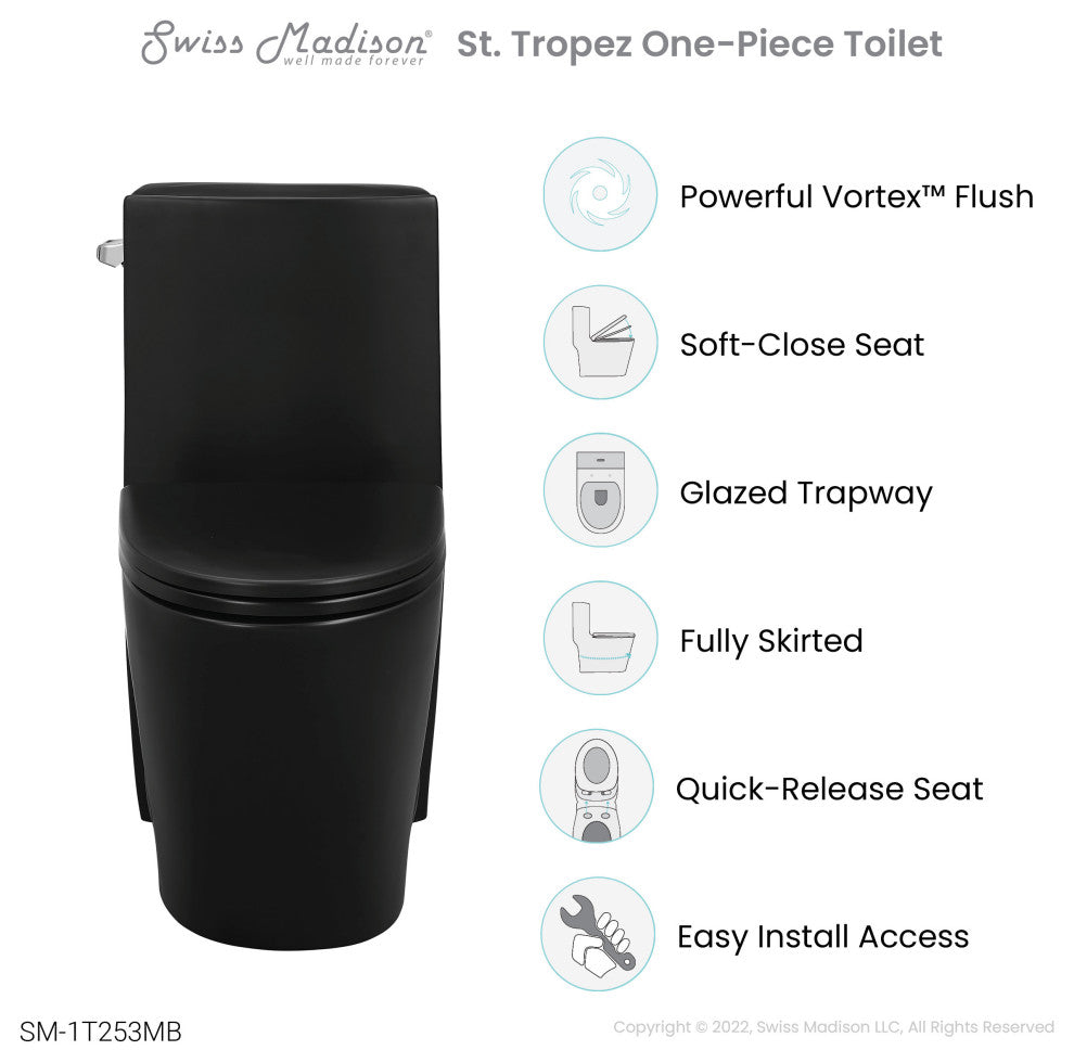 St. Tropez One Piece Elongated Toilet Side Flush, Matte Black