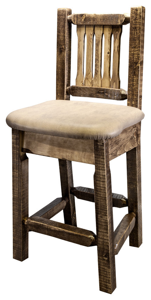 Homestead Bar Stool With Back, Buckskin Upholstery, Stain and Lacquer Finish
