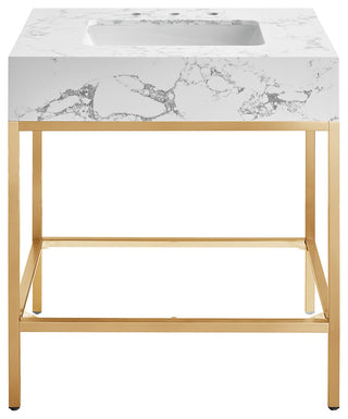 Marmo Bathroom Vanity, White, 30" Wide, Brushed Brass Finish