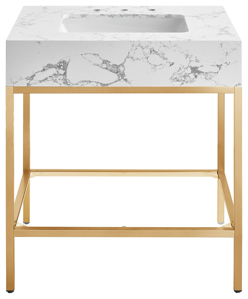 Marmo Bathroom Vanity, White, 30" Wide, Brushed Brass Finish