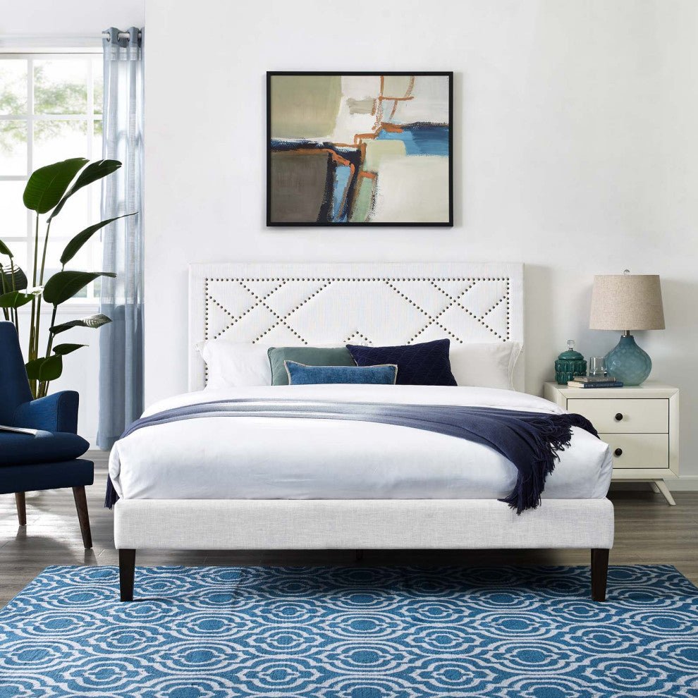 Contemporary Modern Bedroom King Size Headboard, Rivet Nail, Fabric, White