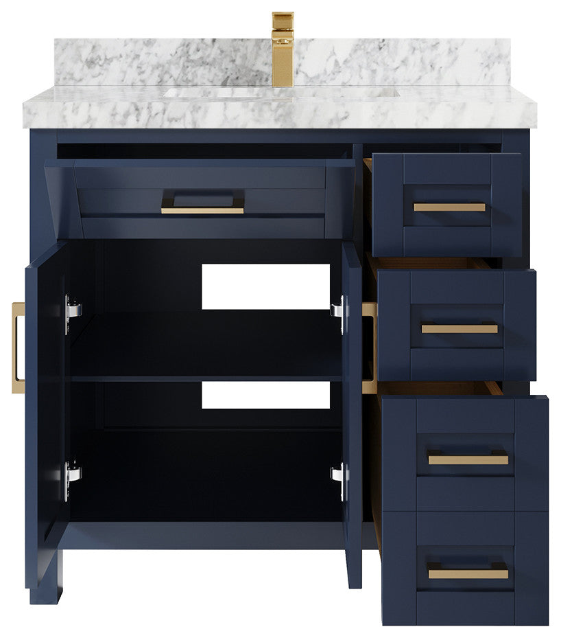 Cambridge 36 Center Sink Bath Vanity in Hale Navy Blue 2" Carrara Marble