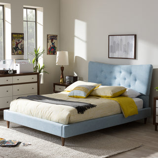Hannah Mid-Century Sky Blue Fabric Queen Size Platform Bed
