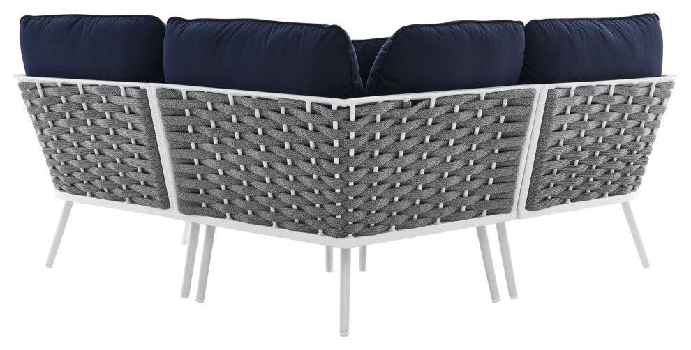 Lounge Sectional Sofa Chair Set, Navy White, Aluminum, Modern, Outdoor Patio