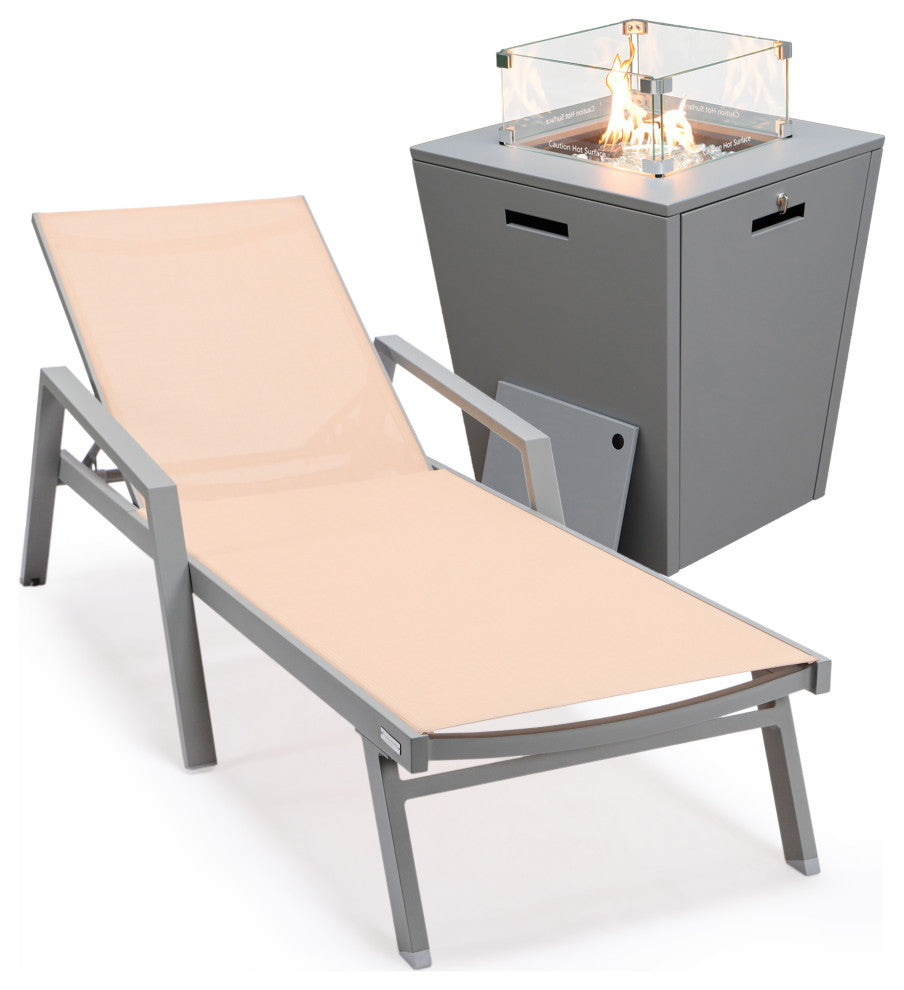 LeisureMod Marlin Chaise Lounge Chair With Arms and Fire Pit Table, Light Brown