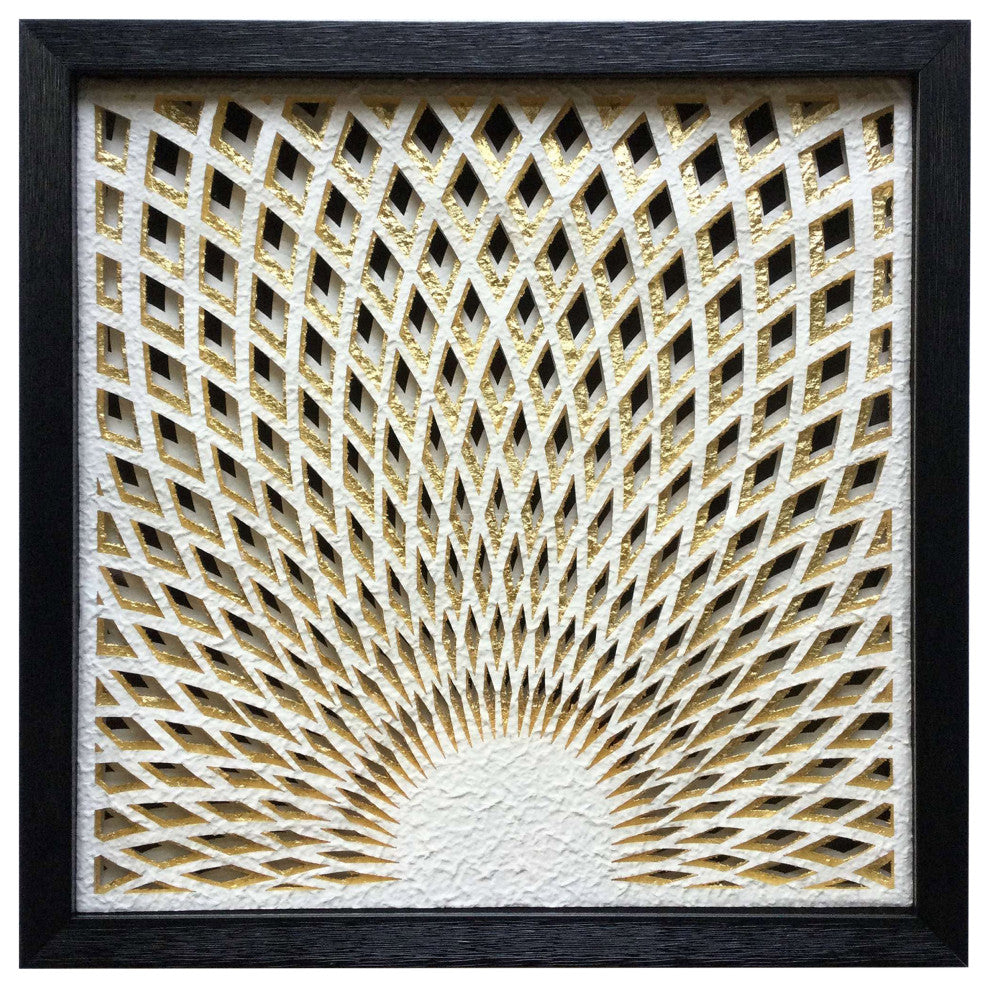 Radiant Sunrise Abstract Rice Paper Shadow Box Black Frame