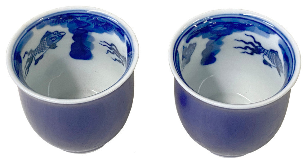 Pair Chinese Handmade Porcelain Blue White Fishes Graphic Cup Hws1353