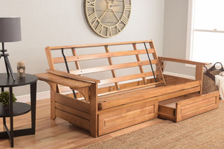 Mesa Frame Futon With Butternut Finish, Storage Drawers, Suede Peat