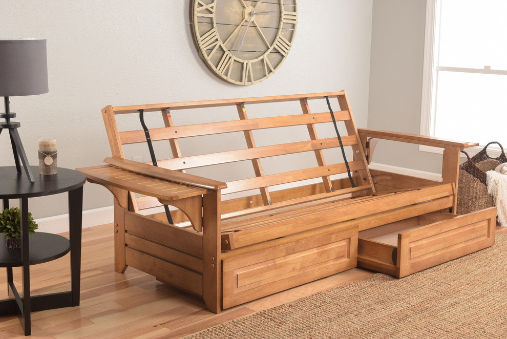 Mesa Frame Futon With Butternut Finish, Storage Drawers, Suede Peat