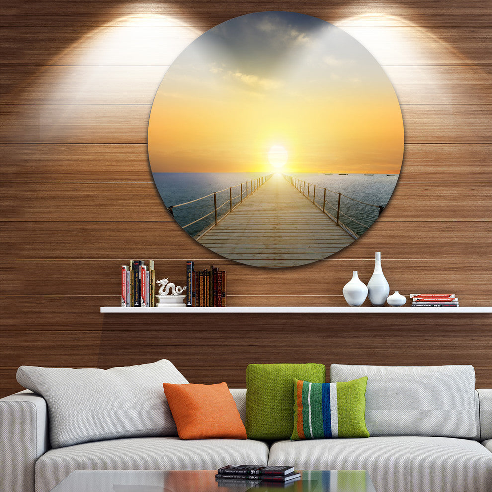 Ocean Sunset With Pier, Seascape Photo Round Wall Art, 11"