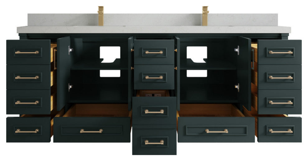 Aberdeen 84 Double Sink Bath Vanity Dark Forest Green 2" Carrara Quartz