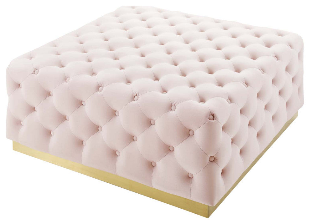 Tufted Accent Chair Ottoman, Square, Velvet, Pink, Modern, Lounge Hospitality