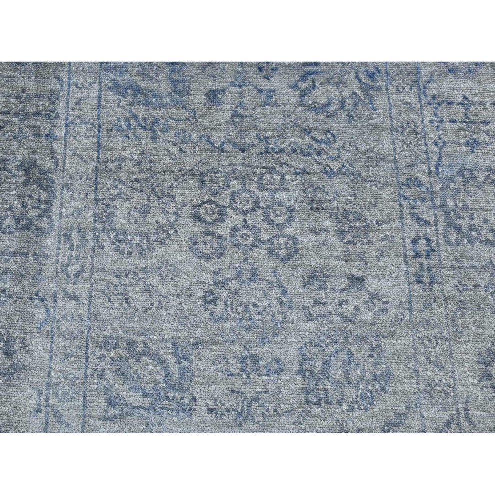 Carbon Gray, Abstract Design Wool and Silk, Hand Knotted Runner Rug, 3'1"x8'3"