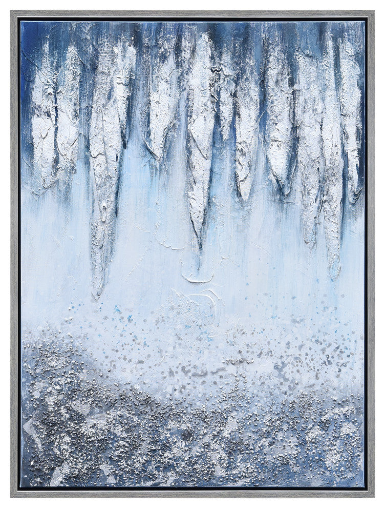 Blue and White Abstract Canvas Icicles Textured Metallic Hand Painted Wall Art