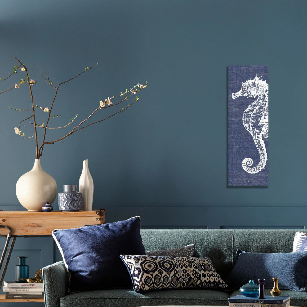 Rustic Indigo and White Nautical Seahorse Wall Art