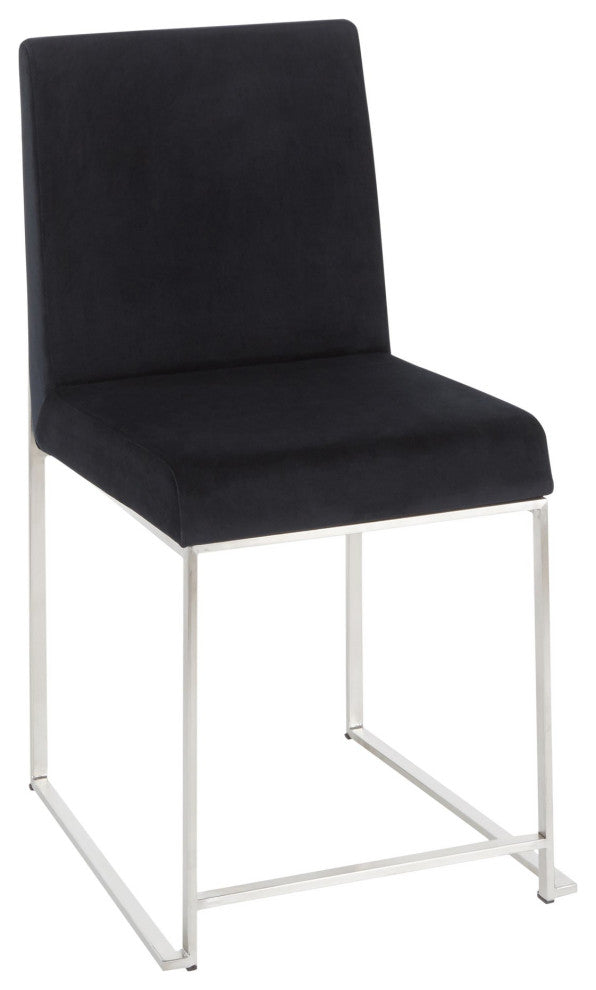 High Back Fuji Dining Chair, Stainless Steel/Black Velvet, Set of 2