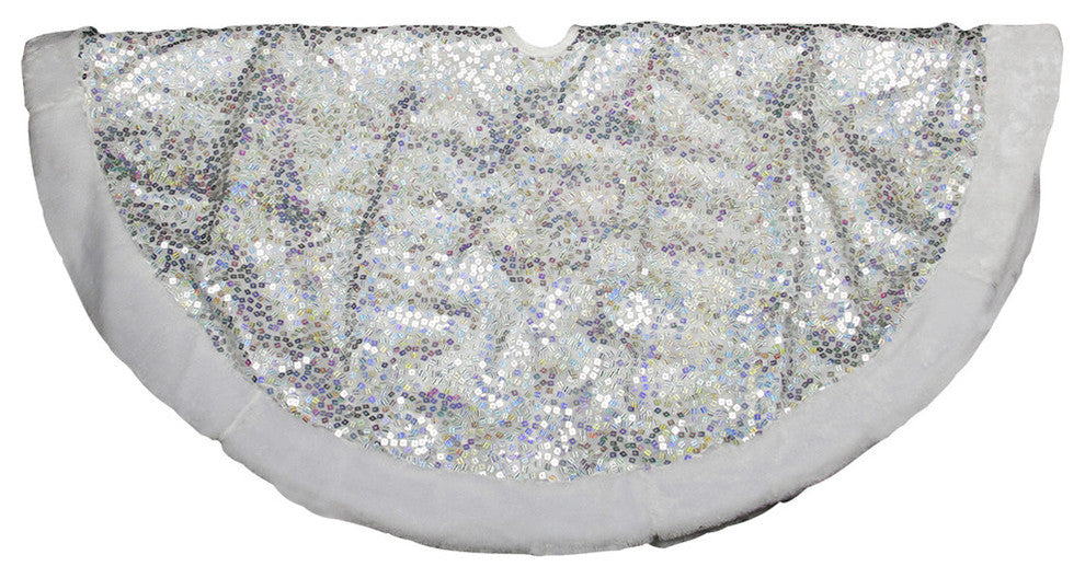 48" White Hologram Sequined Faux Fur Bordered Tree Skirt