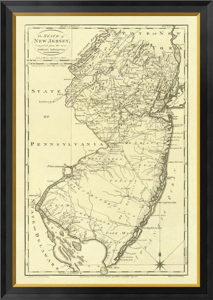 "State of New Jersey, 1795" Framed Canvas Giclee by Mathew Carey, 29x40"